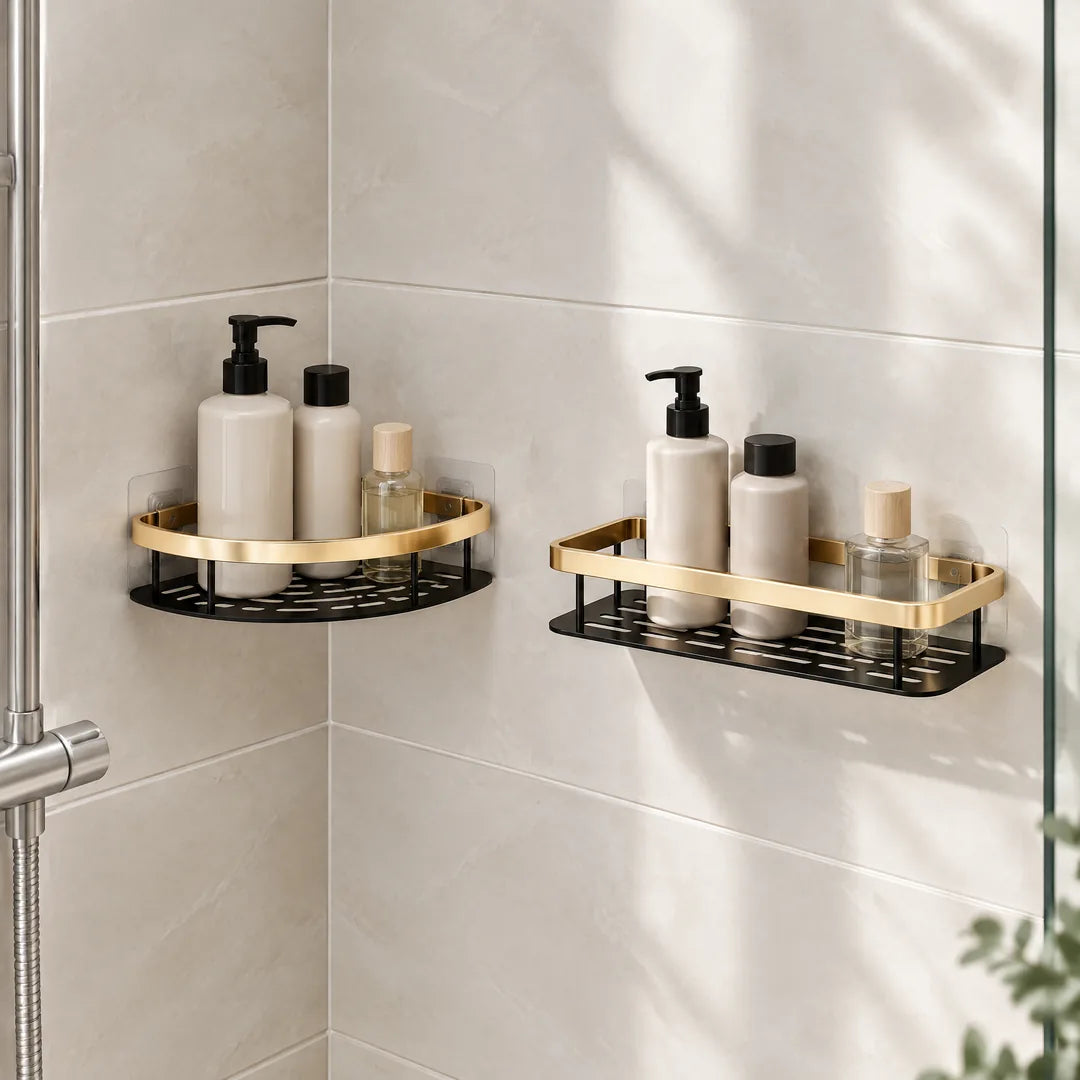 Eckregal und rechteckiges Regal in Schwarz-Gold im Bad