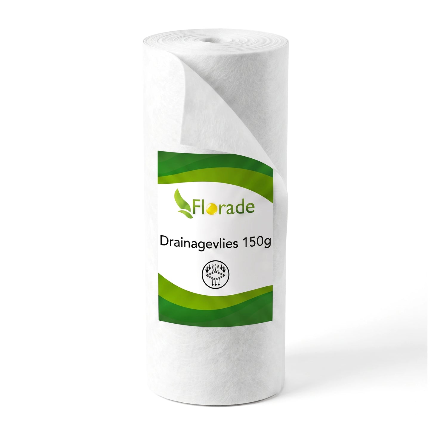 Drainagevlies 150 g/m² als weiße Rolle mit Florade-Etikett, freigestellt auf weißem Hintergrund