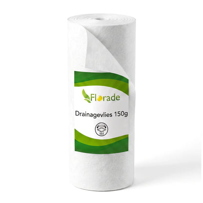 Drainagevlies 150 g/m² als weiße Rolle mit Florade-Etikett, freigestellt auf weißem Hintergrund