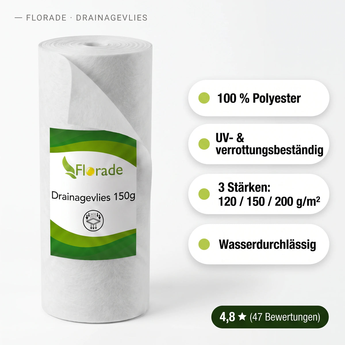 Drainagevlies 150 g/m² Rolle mit Produktvorteilen: 100% Polyester, UV- und verrottungsbeständig, 3 Stärken, wasserdurchlässig