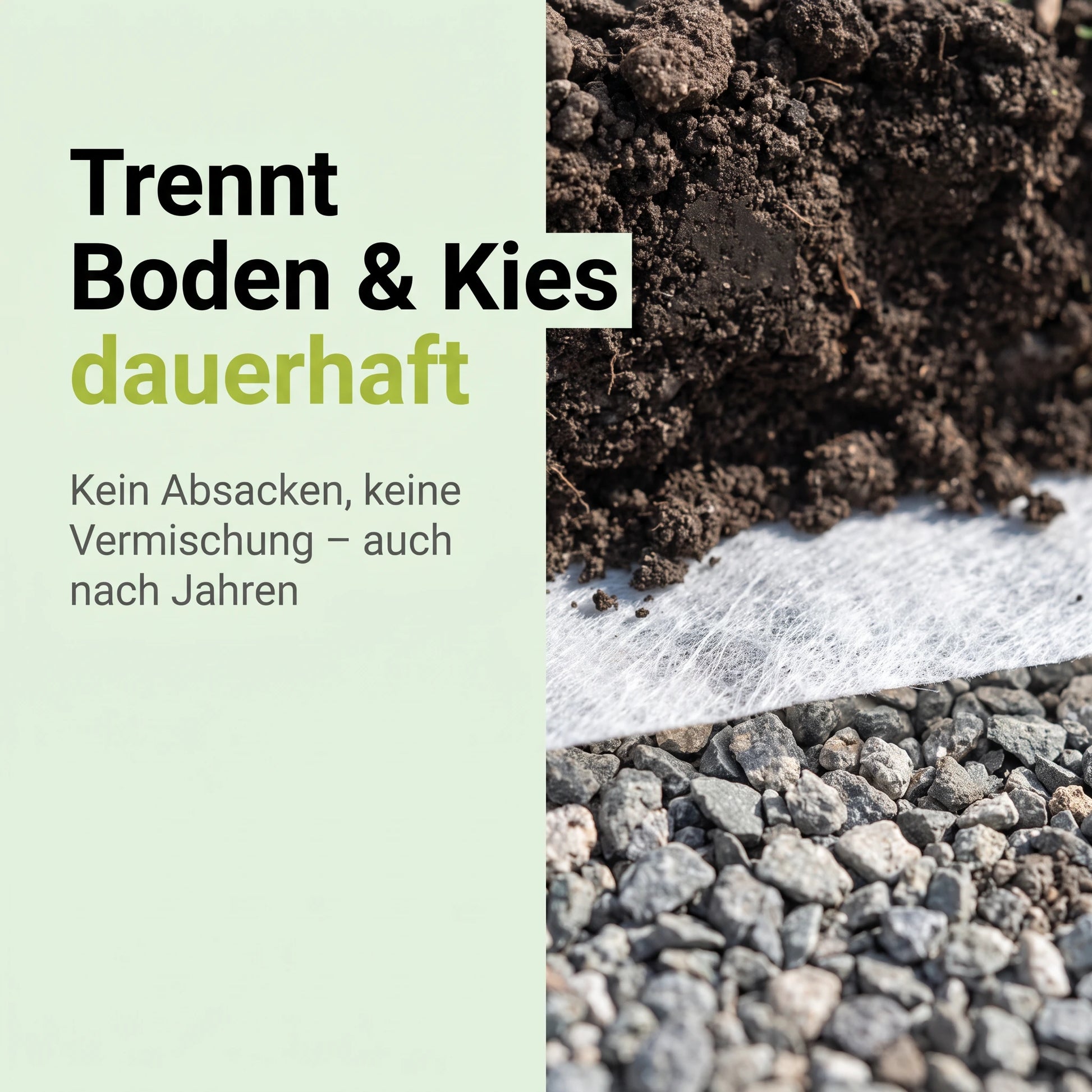 Drainagevlies trennt Erde und Kies dauerhaft, Querschnitt der getrennten Materialschichten