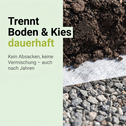 Drainagevlies trennt Erde und Kies dauerhaft, Querschnitt der getrennten Materialschichten