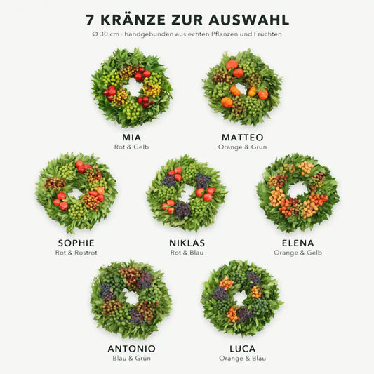 Übersicht der 7 echten Kränze Mia, Matteo, Sophie, Niklas, Elena, Antonio und Luca