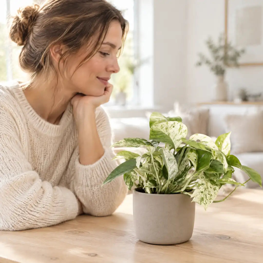 Frau betrachtet die Efeutute Marble Queen auf dem Tisch am Fenster