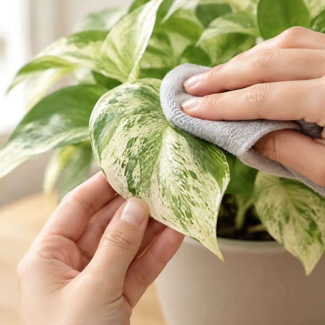 Hand wischt ein marmoriertes Blatt der Efeutute Marble Queen mit einem weichen Tuch ab