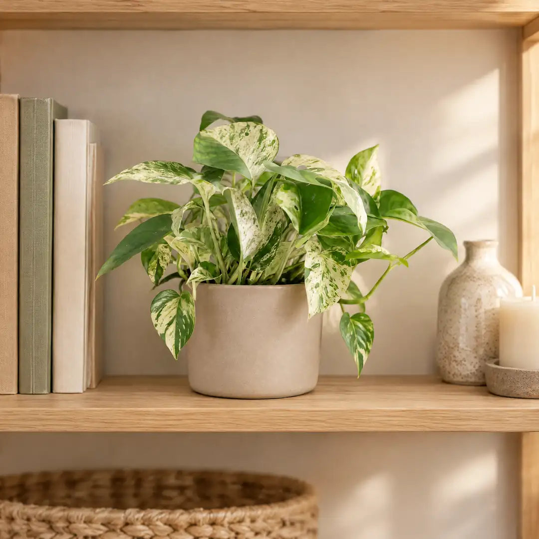 Efeutute Marble Queen im Holzregal neben Büchern, Triebe hängen über den Topfrand