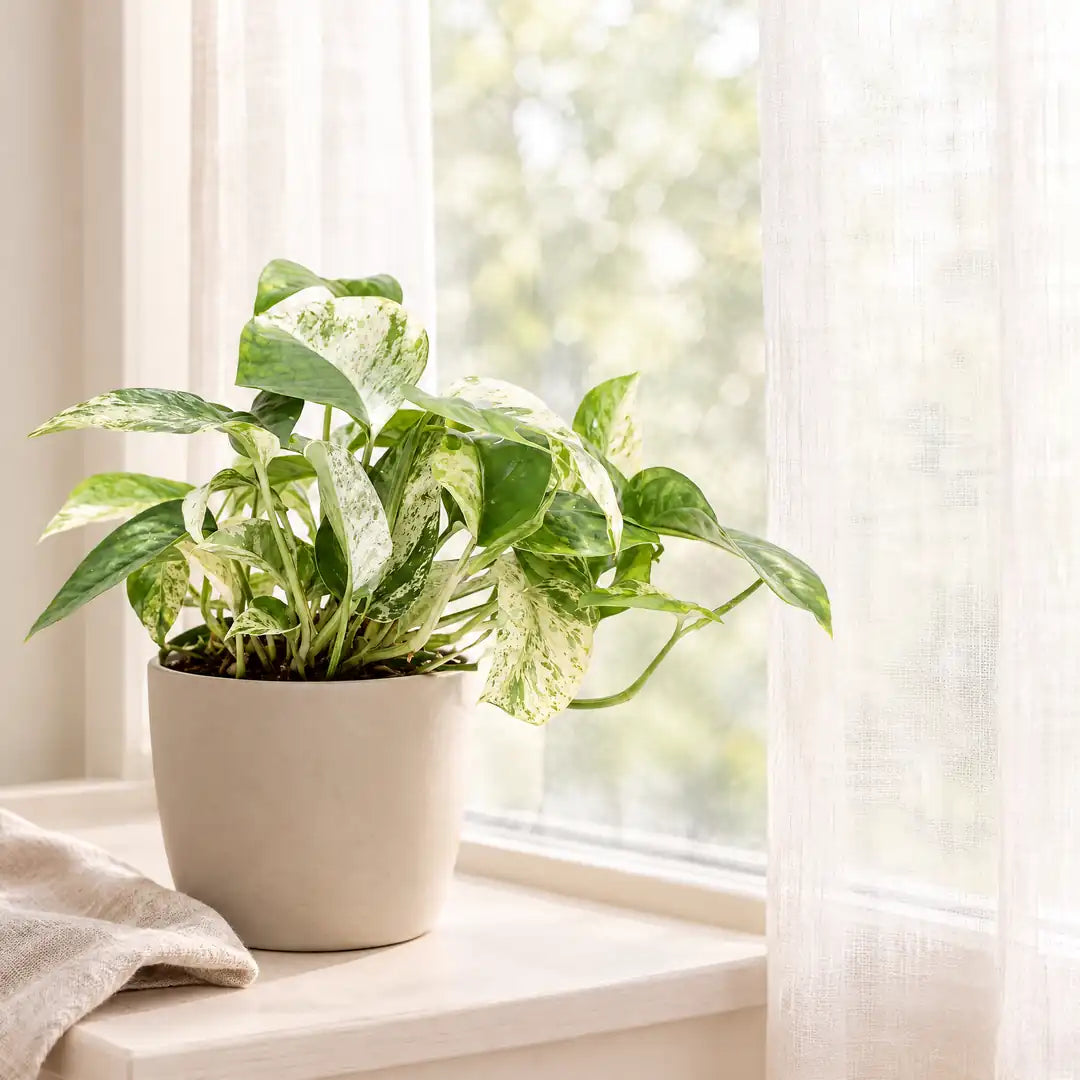 Efeutute Marble Queen auf der Fensterbank im hellen, gefilterten Licht