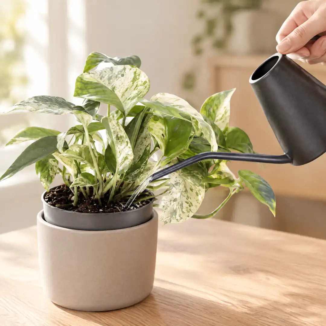Efeutute Marble Queen wird mit einer kleinen Gießkanne am Topfrand gegossen