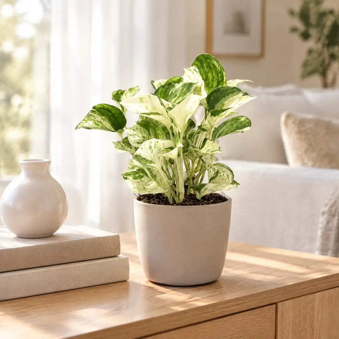 Epipremnum Manjula (Efeutute 'Manjula') im greigen Übertopf auf einem Eichen-Sideboard im hellen Wohnzimmer