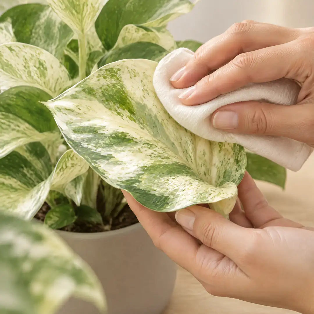 Hand wischt ein marmoriertes Blatt der Epipremnum Manjula mit einem weichen Tuch ab