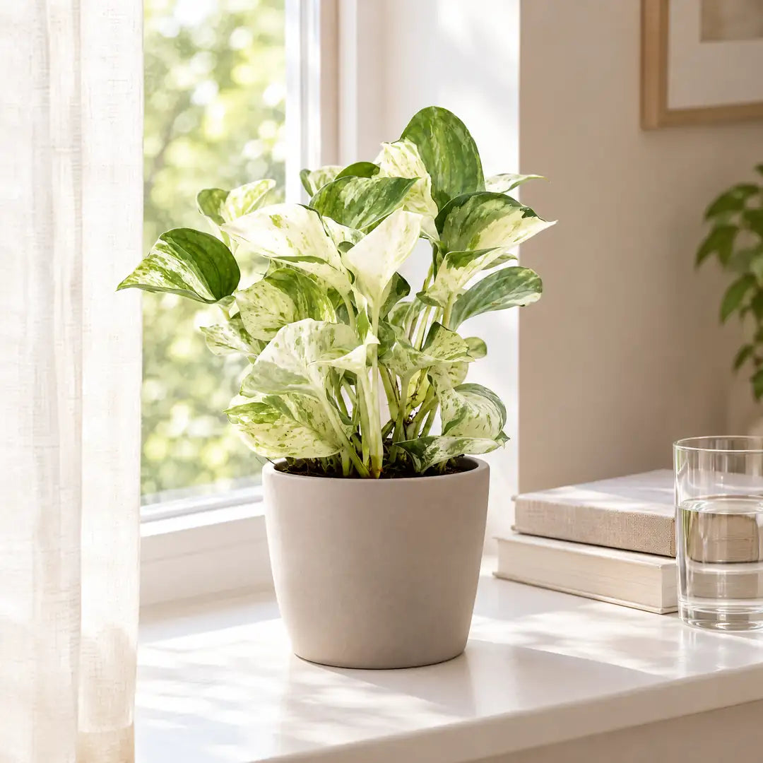 Epipremnum Manjula im greigen Übertopf auf einer hellen Fensterbank hinter einem Leinenvorhang