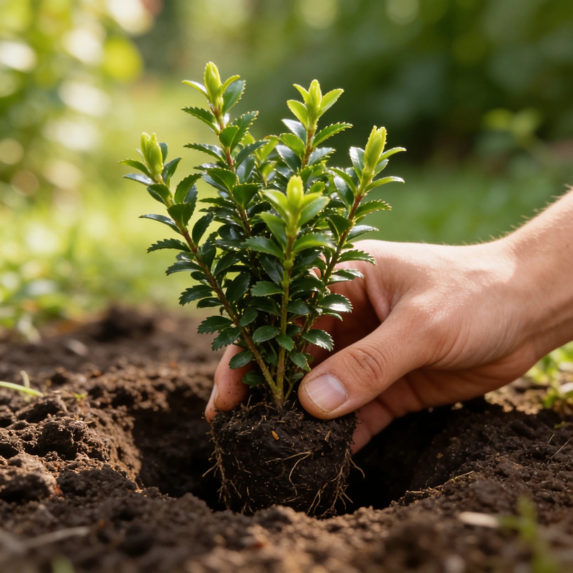 Hand setzt junge Euonymus 'Green Spire' Pflanze mit Wurzelballen in die Gartenerde