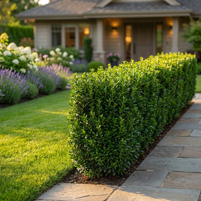 Ausgewachsene Euonymus 'Green Spire' Formhecke als Beeteinfassung am Gartenweg – das Traumergebnis nach einigen Jahren