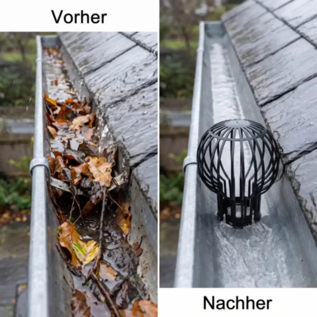 Vergleich: verstopfter Dachrinnen-Ablauf gegenüber freiem Ablauf mit Laubfang