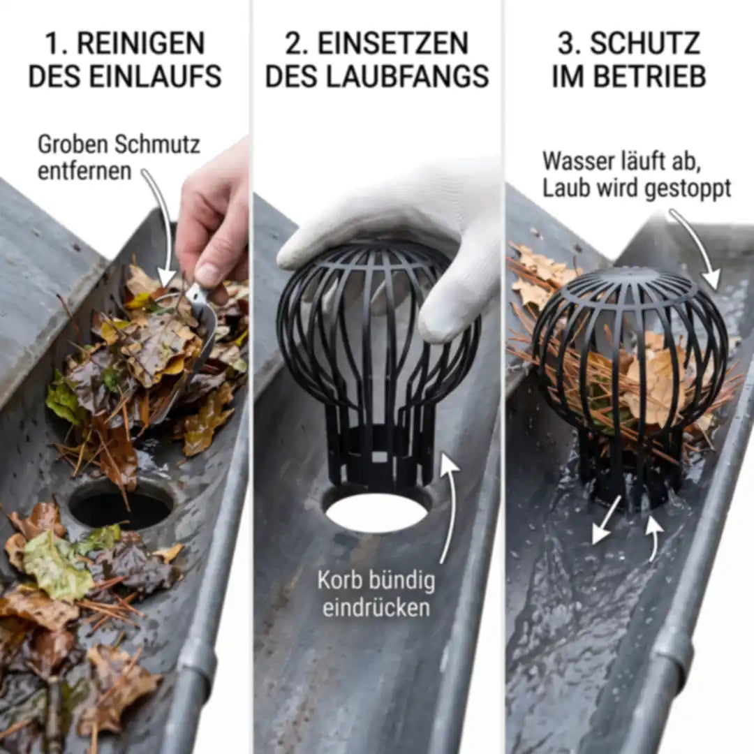 Anwendung in drei Schritten: Ablauf reinigen, Laubfang einsetzen, Wasser läuft ab