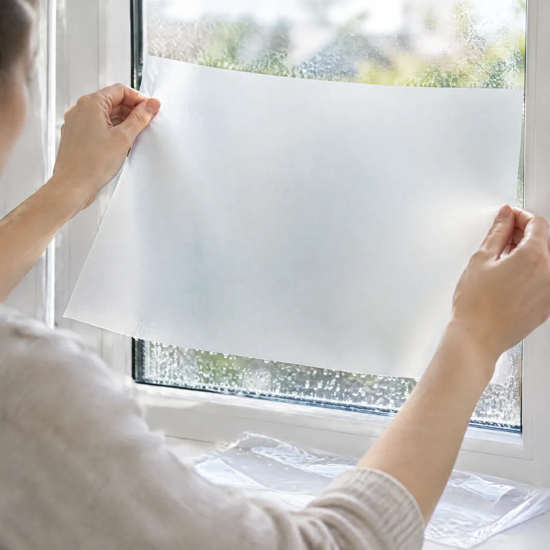 Folie wird ohne Kleber auf die nasse Fensterscheibe gelegt