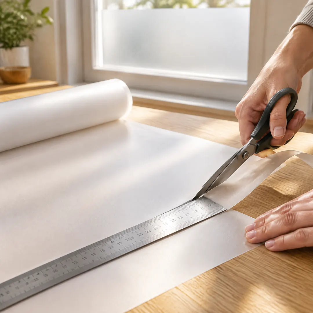 Fensterfolie wird mit Schere und Lineal auf Maß zugeschnitten