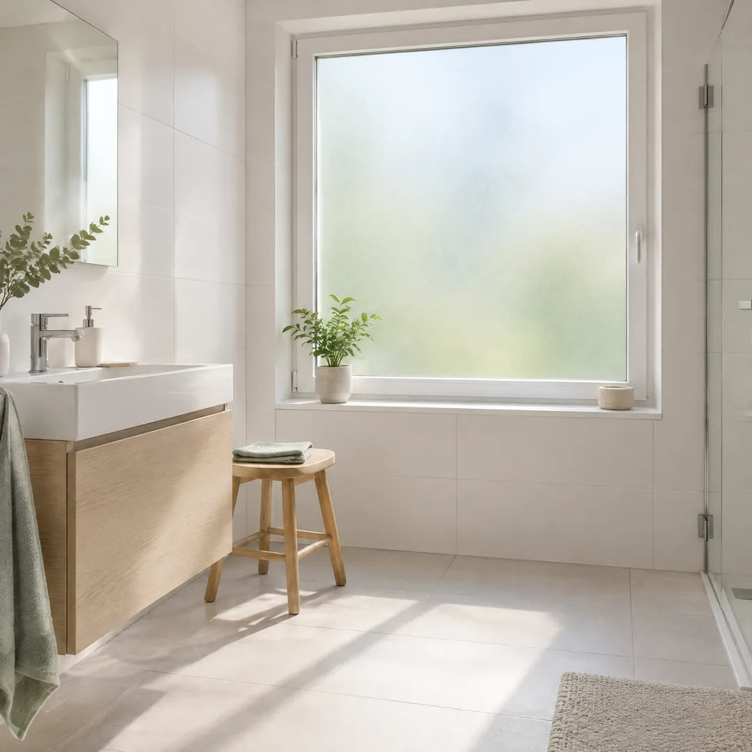 Badfenster mit Milchglasfolie beklebt, Raum bleibt hell und blickdicht