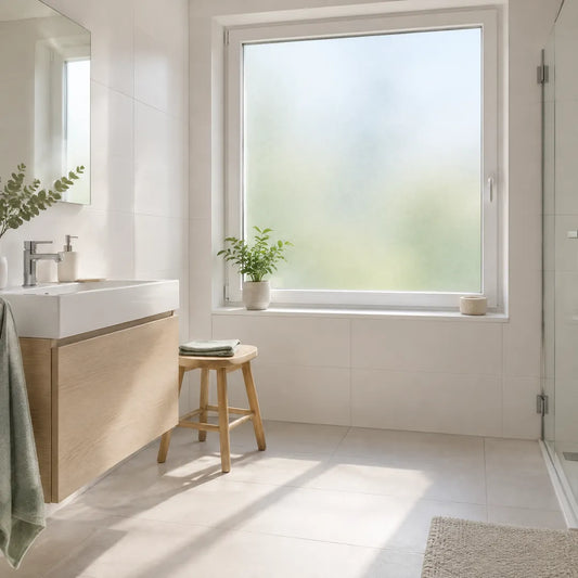 Badfenster mit Milchglasfolie beklebt, Raum bleibt hell und blickdicht