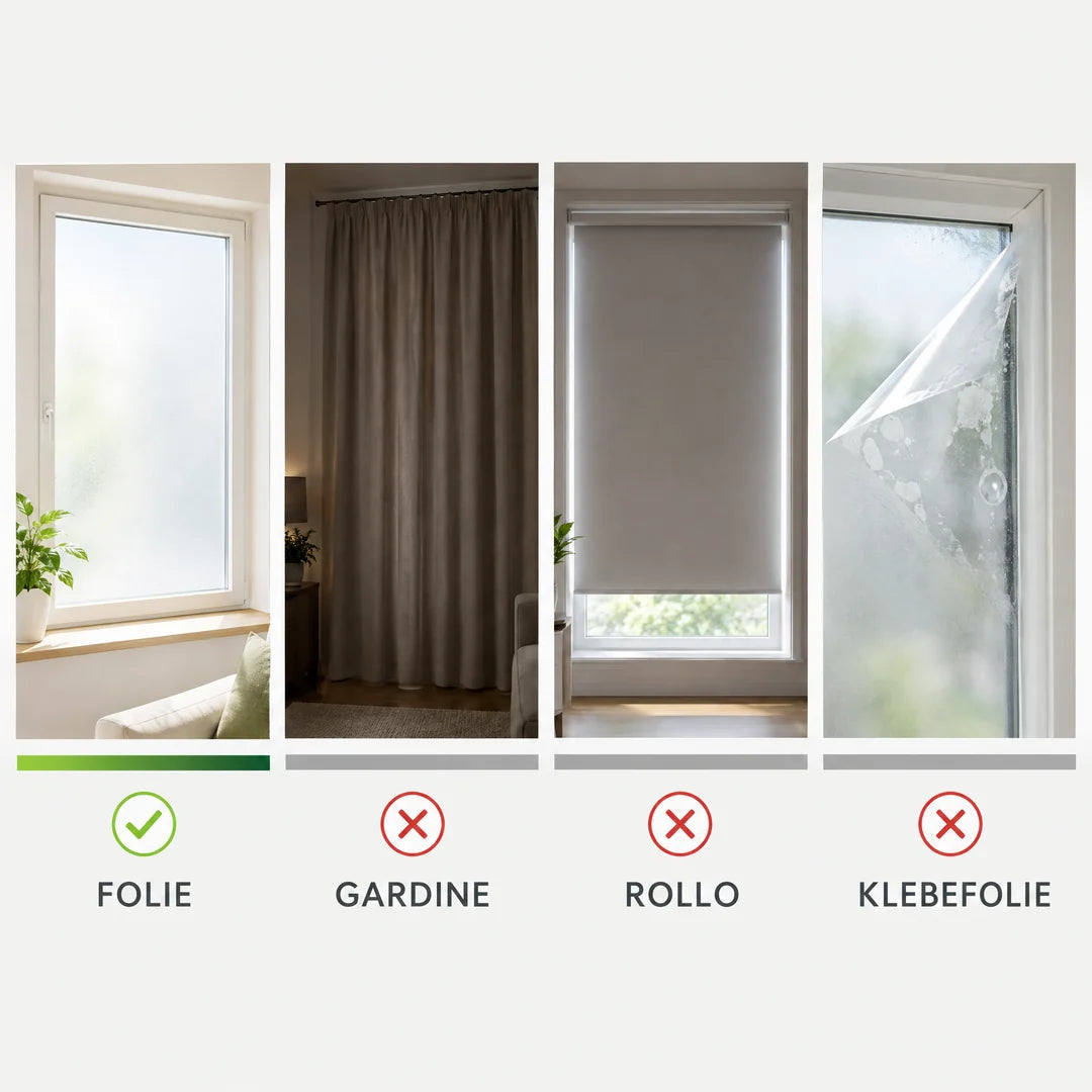 Vergleich Fensterfolie mit Gardine, Rollo und Klebefolie