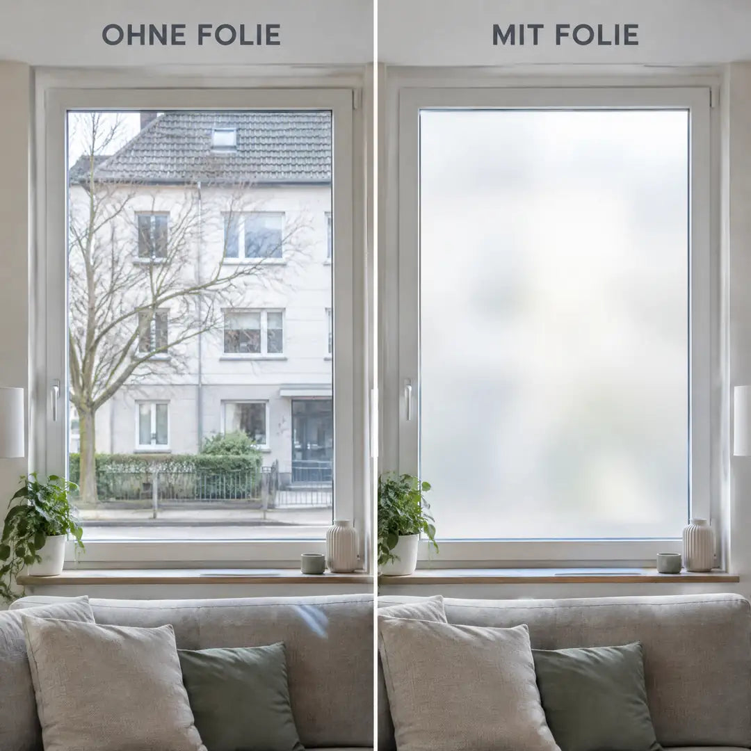 Fenster ohne Folie mit Einblick, daneben mit Folie blickdicht