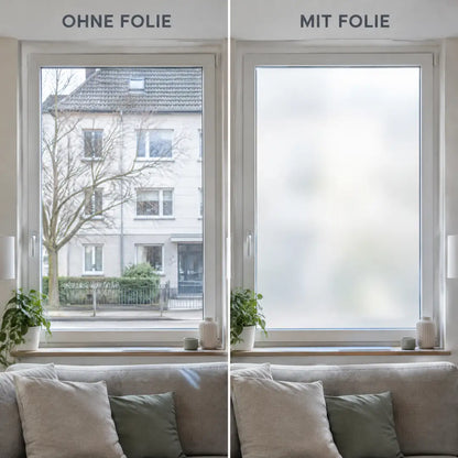 Fenster ohne Folie mit Einblick, daneben mit Folie blickdicht