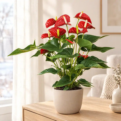 Rote Flamingoblume (Anthurie) im beigen Übertopf auf einem Sideboard im hellen Wohnzimmer