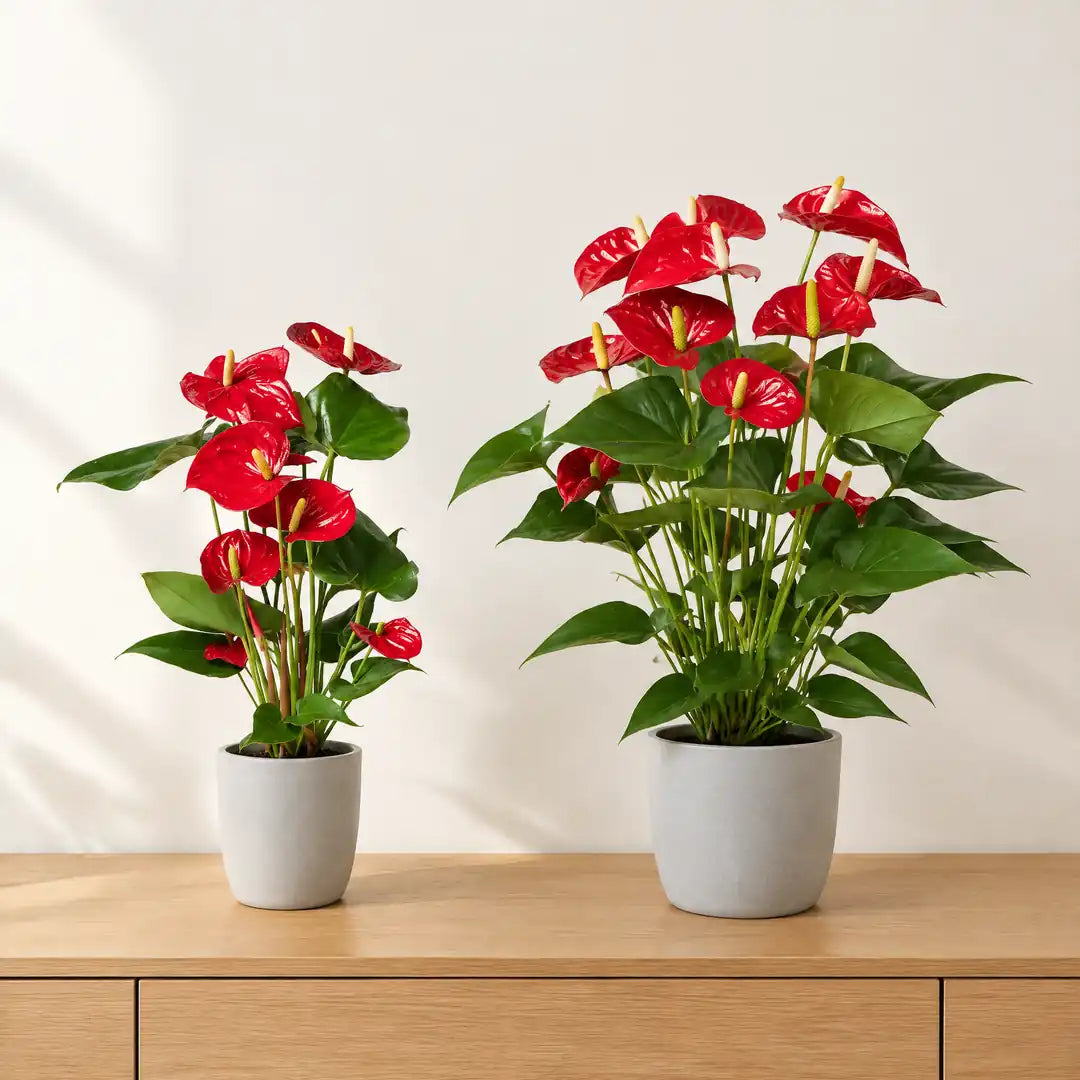 Größenvergleich: Flamingoblume 40 cm und 55 cm in grauen Töpfen