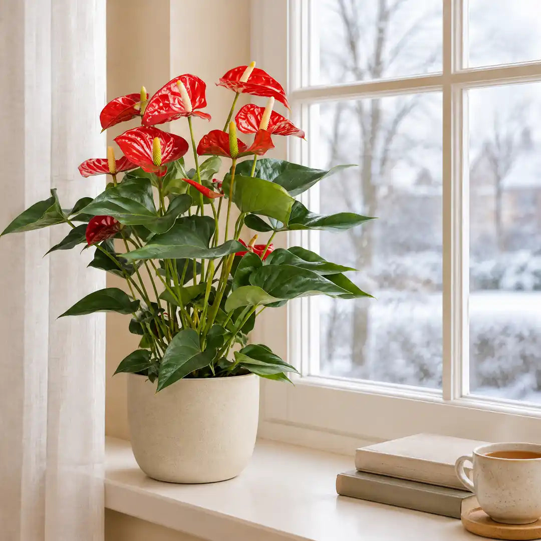 Flamingoblume im beigen Übertopf an einem hellen Fenster mit Vorhang