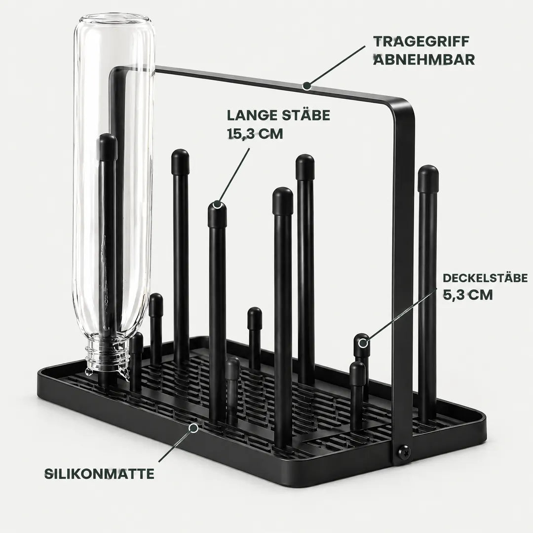 Aufbau des Flaschentrockners: lange Stäbe, Deckelstäbe, Silikonmatte und Tragegriff