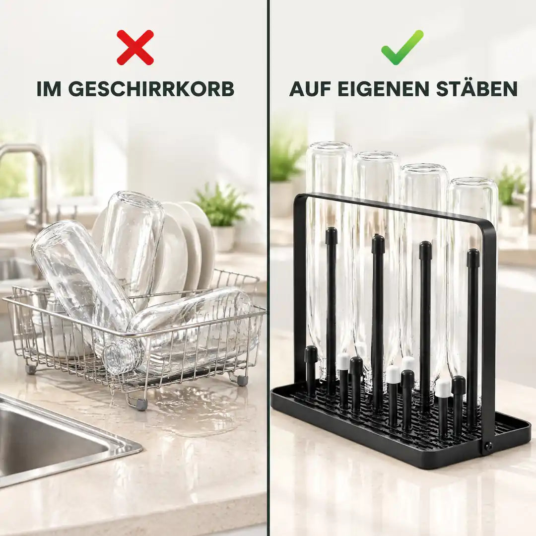 Vergleich: Flaschen im Geschirrkorb und auf eigenen Stäben im Flaschentrockner