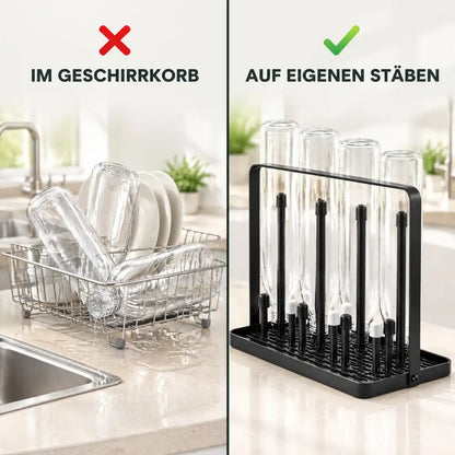 Vergleich: Flaschen im Geschirrkorb und auf eigenen Stäben im Flaschentrockner