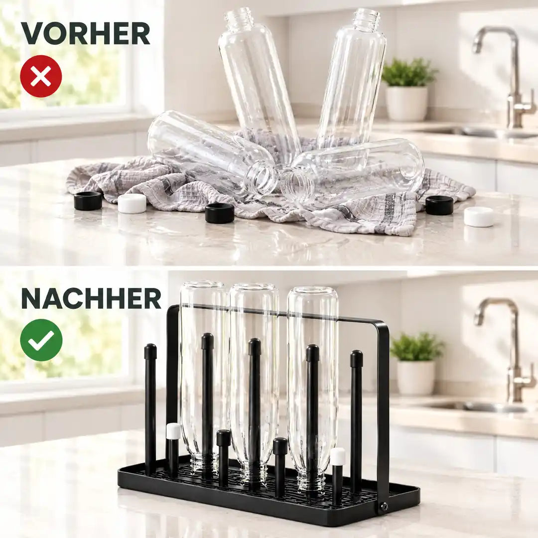 Vorher nasses Geschirrtuch mit Flaschen, nachher Flaschentrockner mit aufgesteckten Flaschen