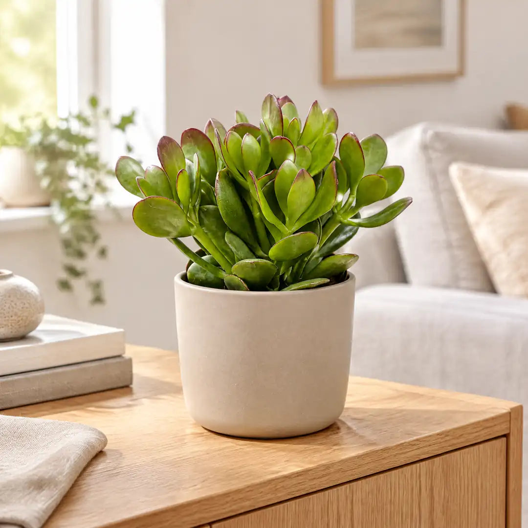 Geldbaum Crassula ovata im beigen Übertopf auf einem Sideboard im hellen Wohnzimmer
