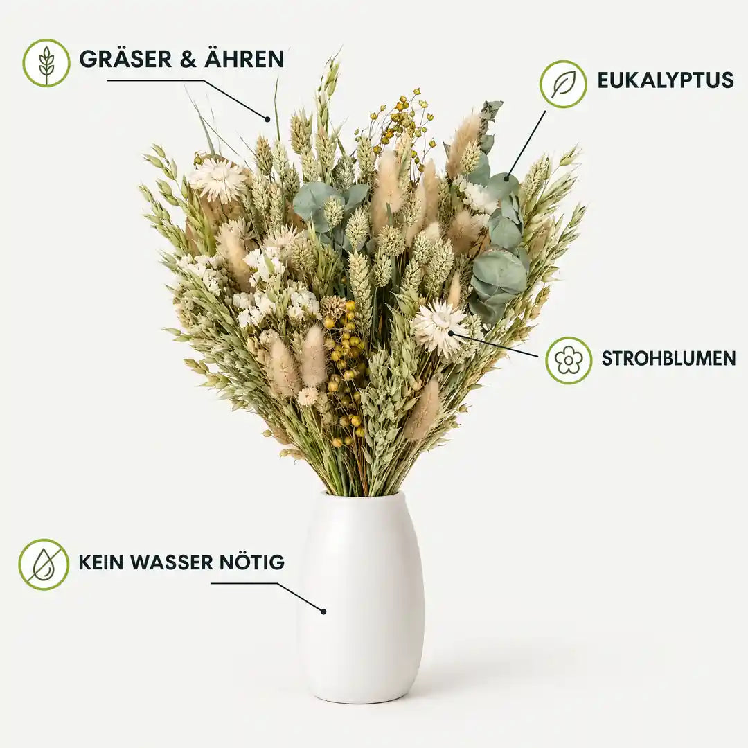 Merkmale des Trockenblumenstraußes: Gräser, Eukalyptus, Strohblumen, kein Wasser nötig