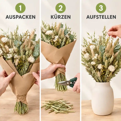 Anwendung in 3 Schritten: Auspacken, Kürzen, Aufstellen