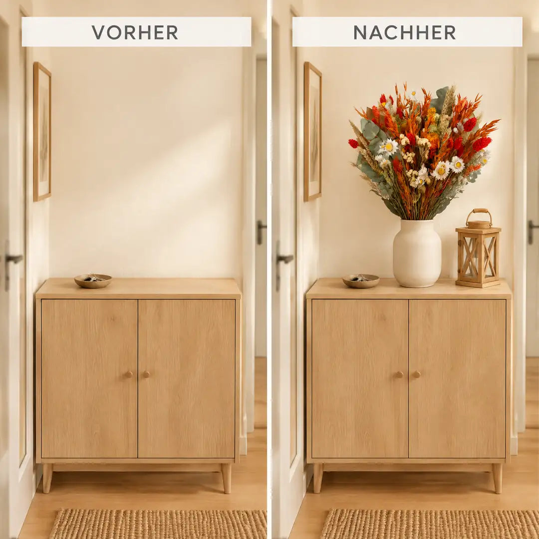 Vorher und nachher: Flur-Sideboard mit Trockenblumenstrauß in Orange