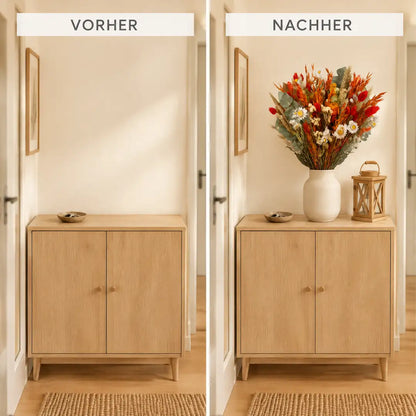 Vorher und nachher: Flur-Sideboard mit Trockenblumenstrauß in Orange