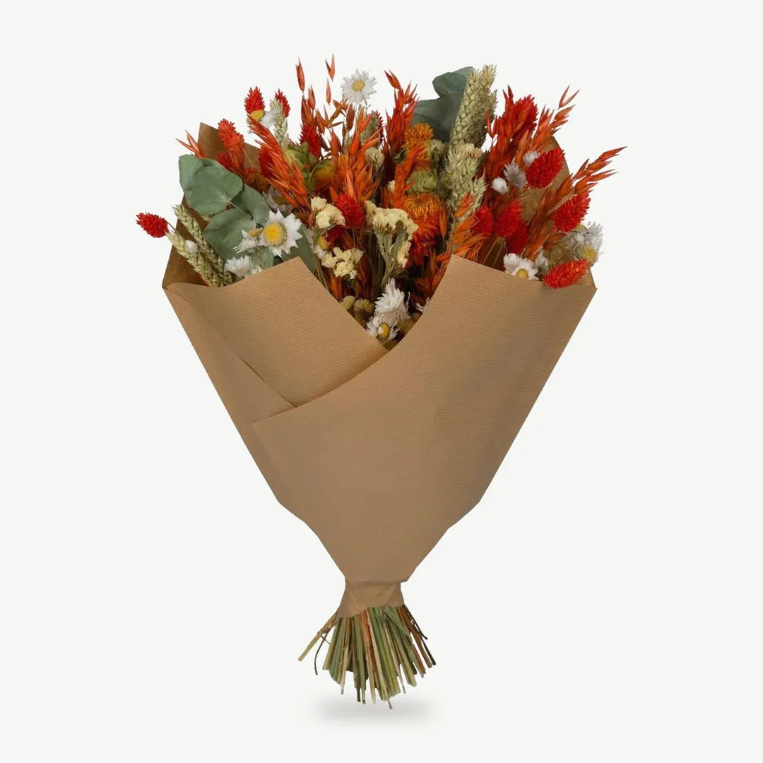 Trockenblumenstrauß Orange mit roten und orangen Gräsern
