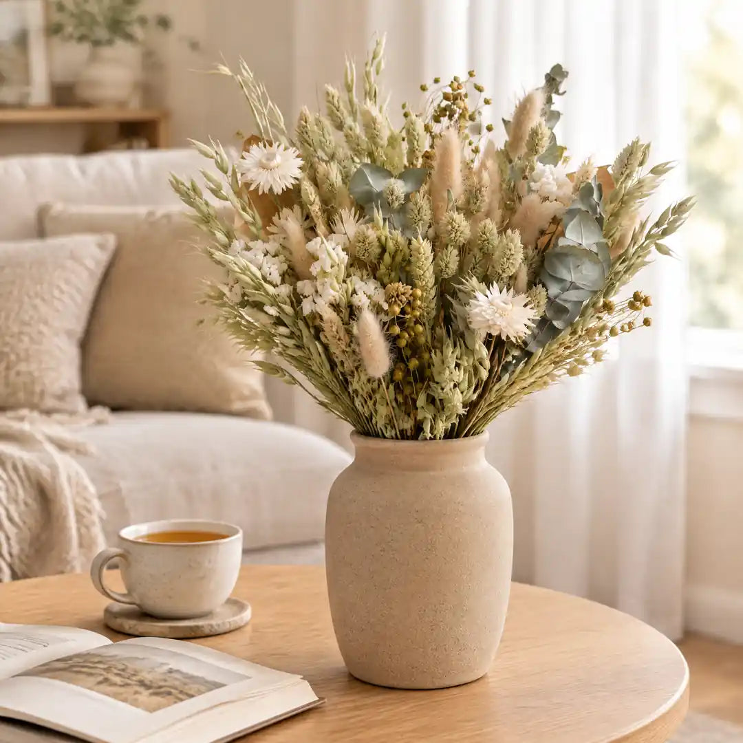 Trockenblumenstrauß Natur in einer Steingutvase auf dem Couchtisch