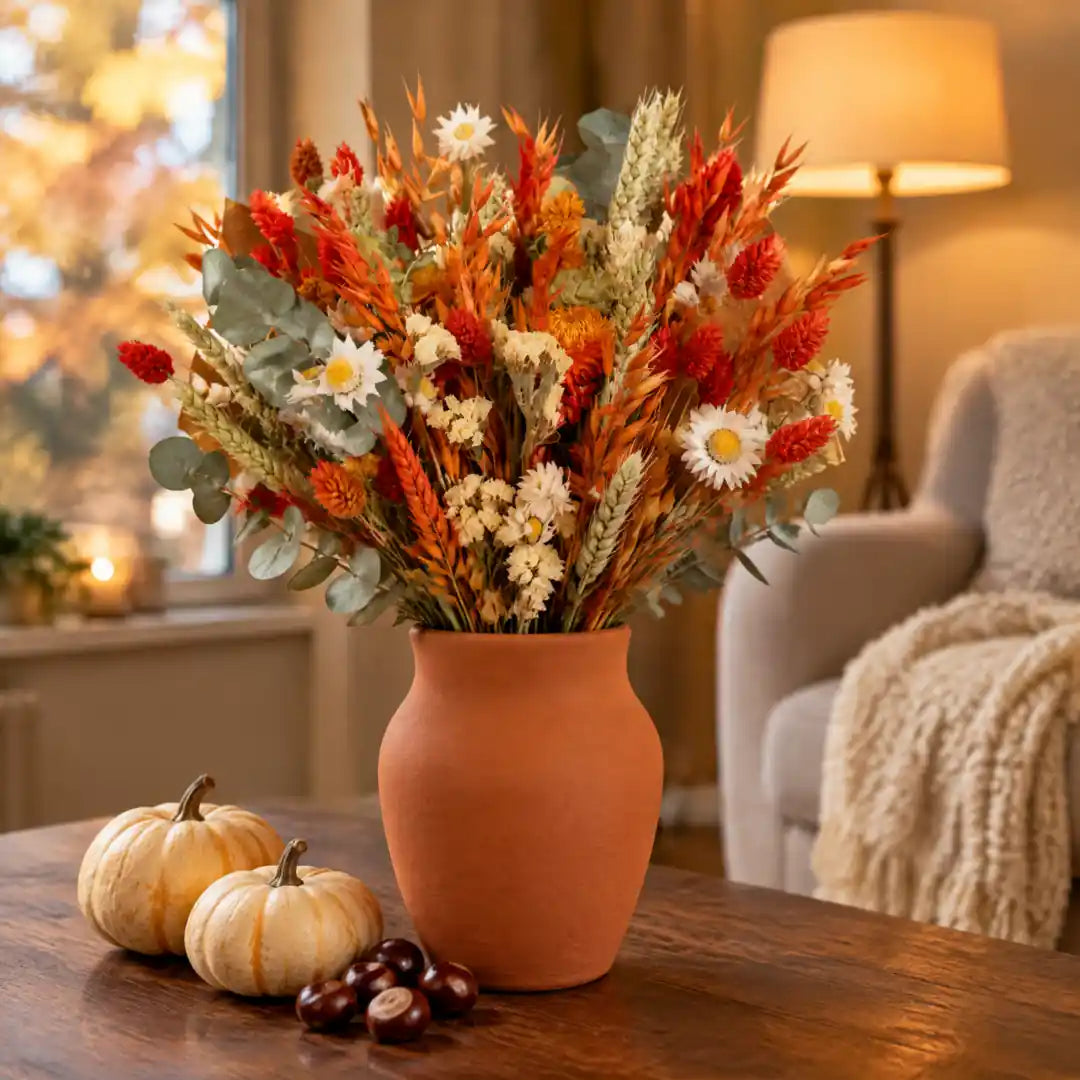 Herbststrauß aus Trockenblumen in Orange mit Zierkürbissen