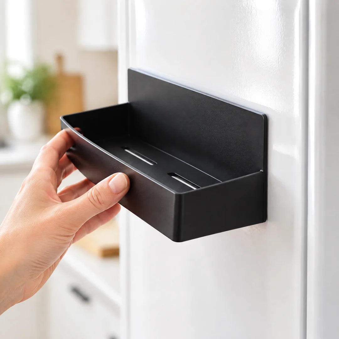 Magnetisches Regal wird an die Kühlschrankseite gesetzt