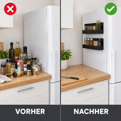 Vorher volle Arbeitsplatte, nachher Gewürze im Regal am Kühlschrank