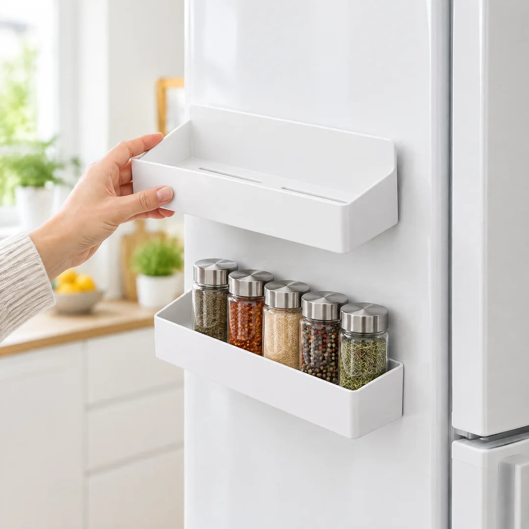Weißes Regal wird ohne Werkzeug an den Kühlschrank gesetzt