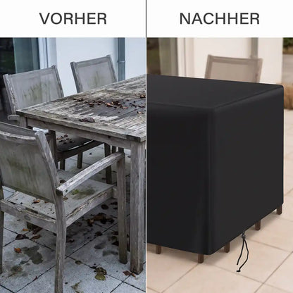 Vorher-Nachher: verwitterte Gartenmöbel gegenüber geschützter Sitzgruppe