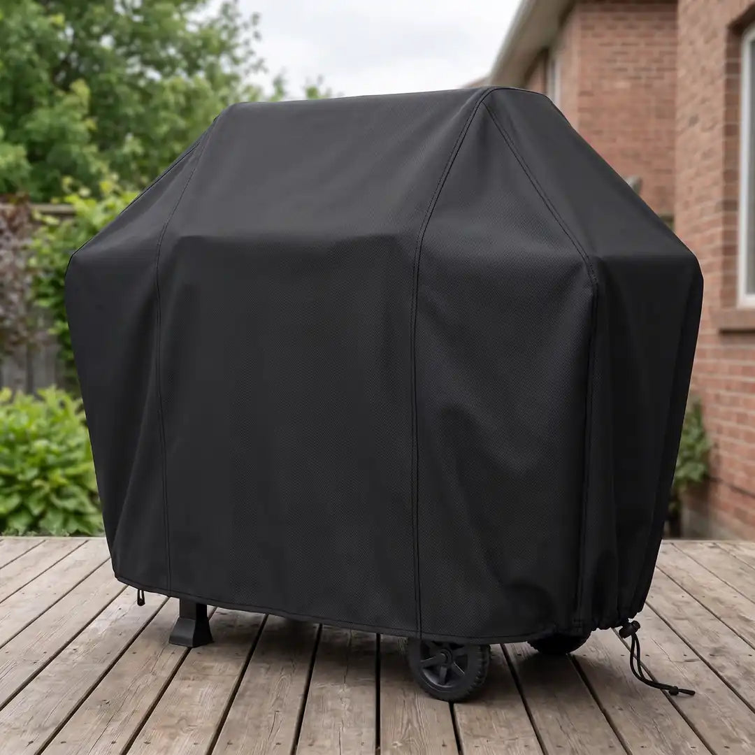 Schwarze Grillabdeckung über einem Gasgrill-Wagen auf einer Terrasse, faltenarm sitzend mit festgezogenem Kordelzug