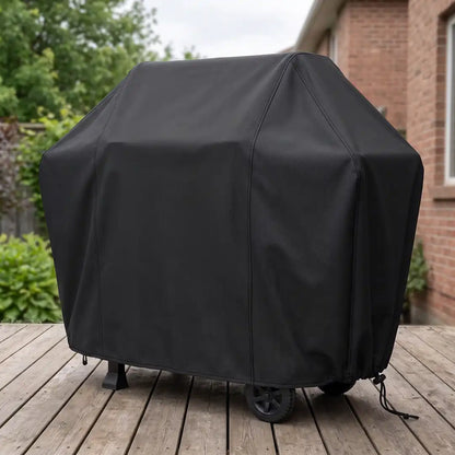 Schwarze Grillabdeckung über einem Gasgrill-Wagen auf einer Terrasse, faltenarm sitzend mit festgezogenem Kordelzug