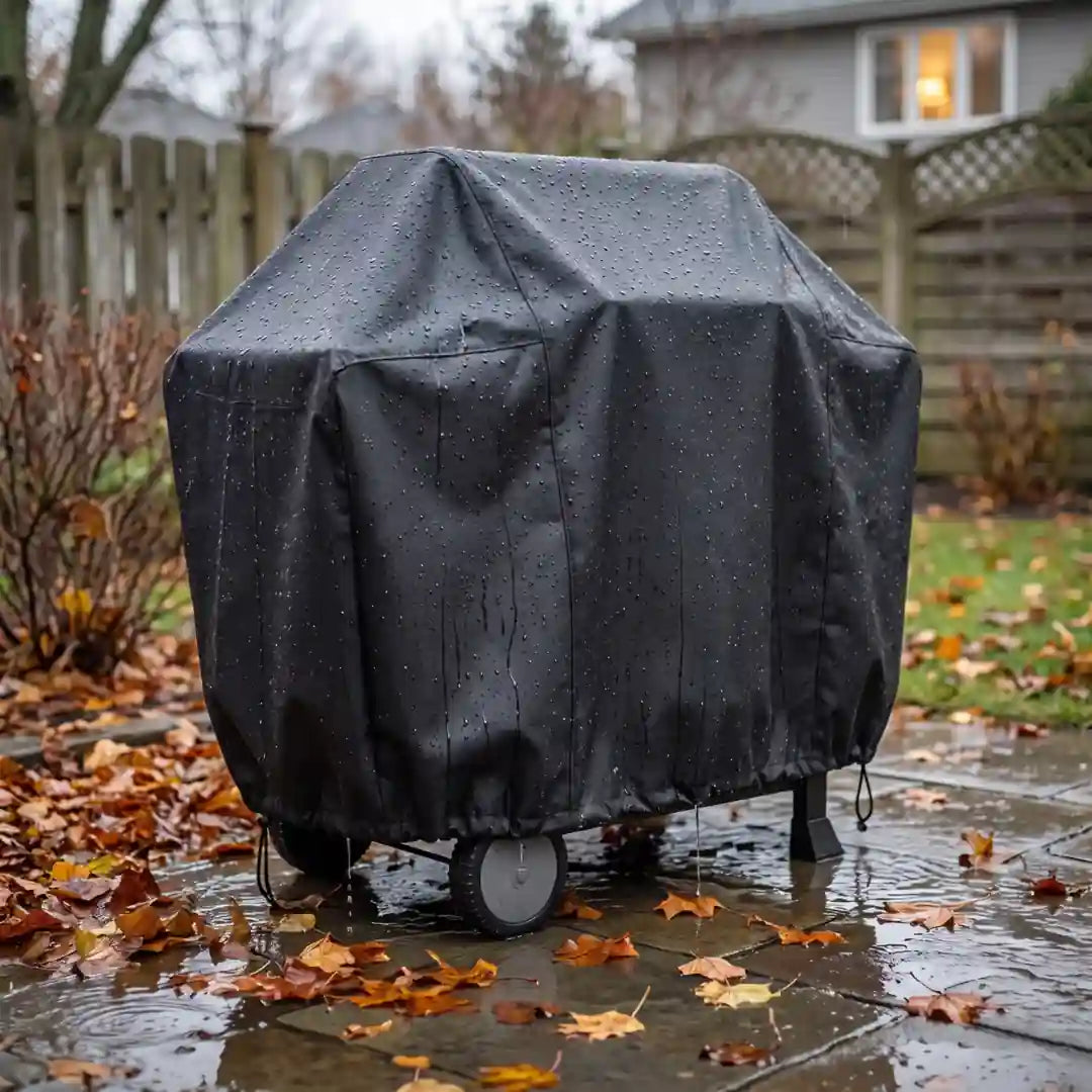 Abgedeckter Grill an einem regnerischen Herbsttag, Regentropfen perlen auf der Haube ab