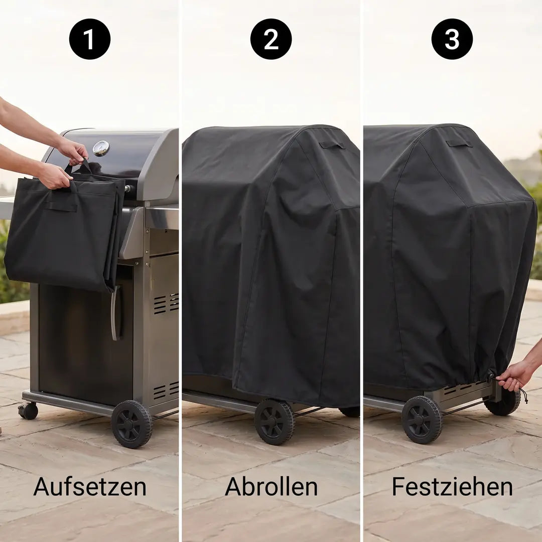 Grillabdeckung anbringen in drei Schritten: aufsetzen, abrollen, Kordelzug festziehen