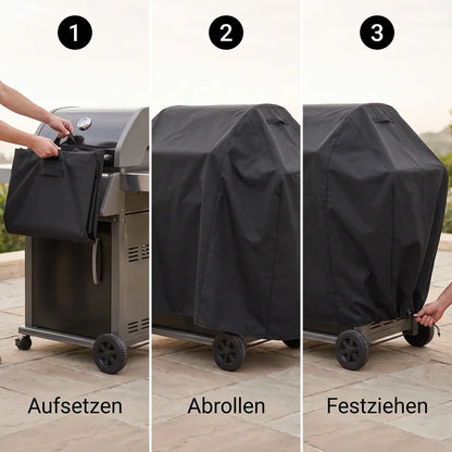 Grillabdeckung anbringen in drei Schritten: aufsetzen, abrollen, Kordelzug festziehen